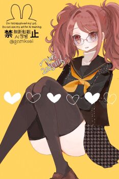 1girl artist_name black_jacket black_skirt black_thighhighs brown_eyes brown_hair commentary_request dated glasses hair_intakes han_(hn-khk) heart highres jacket kujikawa_rise neckerchief persona persona_4 simple_background sitting skirt solo thighhighs twintails twitter_username watermark yellow_background yellow_neckerchief