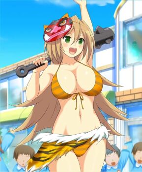 1girl animal_print arm_up bikini blue_sky blush breasts child cleavage cloud club club_(weapon) collarbone crowd day faceless front-tie_bikini_top front-tie_top green_eyes groin hand_up highres holding holding_club holding_weapon horns kanabou karasu_(senran_kagura) kindergarten kindergarten_uniform large_breasts light_brown_hair linea_alba long_hair mask mask_on_head navel official_art oni oni_costume oni_horns oni_mask open_mouth over_shoulder pelt senran_kagura senran_kagura_new_wave skirt sky smile spiked_club striped_bikini striped_clothes swimsuit teeth tiger_print tiger_stripes tongue upper_teeth_only weapon weapon_over_shoulder window yaegashi_nan