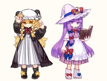 Rule 34 | 2girls, alternate costume, apron, arm up, black dress, black shoes, blonde hair, blue bow, bow, bowtie, braid, capelet, commentary request, cosplay, costume switch, crescent, crescent hat ornament, deformed, dress, footwear bow, frilled apron, frilled sleeves, frills, full body, grey background, hair bow, hand up, hat, hat bow, hat ornament, kirisame marisa, long hair, long sleeves, mob cap, multiple girls, patchouli knowledge, pink capelet, pink hat, pink shoes, pleated dress, puffy long sleeves, puffy sleeves, purple dress, purple eyes, purple hair, red bow, red bowtie, shieryue1225, shoes, simple background, standing, star (symbol), star hat ornament, striped clothes, striped dress, touhou, twin braids, vertical-striped clothes, vertical-striped dress, very long hair, waist apron, white apron, white bow, white hat, witch hat, yellow eyes