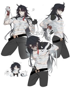 1boy arms_up bandage_in_mouth bandaged_arm bandaged_chest bandages bare_pectorals belt black_belt black_gloves black_hair blade_(honkai:_star_rail) chibi chibi_inset commentary_request earrings gloves gradient_hair grey_hair grey_pants hair_over_one_eye highres honkai:_star_rail honkai_(series) jewelry long_hair looking_at_viewer male_focus multicolored_hair multiple_views one_eye_covered pants pectorals piercing profile rayinhsr red_eyes single_earring single_glove tassel tassel_earrings white_background
