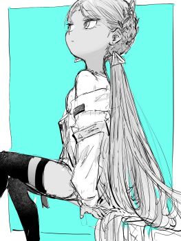 1girl bindi black_thighhighs breasts coat earrings green_eyes heaven_burns_red highres indian jewelry kulfiq long_hair monochrome partially_colored solo thighhighs triangle_earrings twintails vritika_balakrishnan white_coat