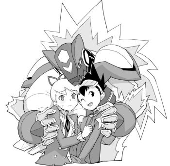 1girl 2boys bad_id drill_hair eyewear_on_head geo_stelar_(mega_man) heriyama hug long_hair luna_platz_(mega_man) mega_man_(series) mega_man_star_force_(series) multiple_boys omega-xis_(mega_man) one_eye_closed open_mouth simple_background smile sweatdrop twin_drills very_long_hair white_background