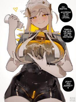 1girl alterkyon android bell black_bodysuit blonde_hair bodysuit breasts closed_mouth colored_inner_hair commentary cowbell english_commentary english_text extra_arms gloves grey_hair highres joints large_breasts long_hair looking_at_viewer lotion_bottle lube lube_on_breasts maid_headdress multicolored_hair original orion_(alterkyon) paizuri_invitation pouring pouring_onto_self robot_girl robot_joints sidelocks smile solo speech_bubble spread_cleavage two-tone_hair white_background white_gloves yellow_eyes