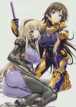 2girls ass blonde_hair blue_bodysuit blue_eyes bodysuit breasts brown_hair cleavage closed_mouth covered_erect_nipples covered_navel fortified_suit fortified_suit_(imperial_royal_guard) hair_ribbon hairband highres irisdina_bernhard kneeling large_breasts long_hair looking_at_viewer lying mecha_pilot_suit multiple_girls muv-luv muv-luv_alternative muv-luv_total_eclipse official_art on_side parted_lips purple_bodysuit purple_eyes ribbon scan schwarzesmarken sheath shiny_clothes simple_background skin_tight smile soyosoyo sword takamura_yui very_long_hair weapon white_background