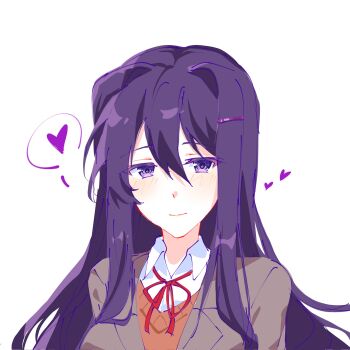 Rule 34 | 1girl, blazer, collared shirt, doki doki literature club, doki doki literature club school uniform, gaww x x, grey jacket, hair between eyes, hashtag-only commentary, heart, highres, jacket, long hair, long sidelocks, neck ribbon, pink vest, purple eyes, purple hair, ribbon, school uniform, shirt, sidelocks, smile, solo, spoken heart, upper body, vest, white shirt, yuri (doki doki literature club)