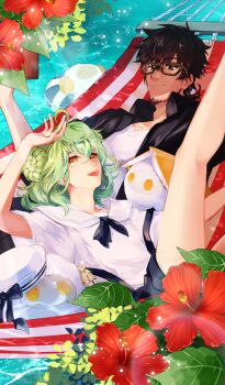 2boys age_difference ahoge androgynous apollo_(fate) black_bow black_jacket black_neckerchief black_shorts black_suspenders book bow braid braided_bun brothers brown-framed_eyewear brown_hair closed_mouth collarbone commentary double_bun en_(enxxx) facial_hair fate/grand_order fate_(series) flower glasses goatee green_hair hair_between_eyes hair_bun hammock hat hector_(fate) hector_(sheep_counting_lullaby)_(fate) hibiscus innertube jacket lap_pillow leg_up light_particles light_rays lying male_focus medium_hair multiple_boys neckerchief official_alternate_costume official_art on_back on_hammock open_book open_clothes open_jacket open_mouth orange_eyes paris_(fate) paris_(sheep_counting_lullaby)_(fate) red_flower sailor_collar sailor_hat sheep shirt short_sleeves shorts siblings smile stuffed_animal stuffed_toy sunbeam sunlight suspenders suspenders_slip swim_ring teeth third-party_source upper_teeth_only v-neck water white_hat white_sailor_collar white_shirt