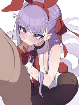 1boy 1girl animal_ears bare_shoulders bb_(fate) blush breasts brown_pantyhose censored chain clothed_female_nude_male collar cum cum_on_body erection facial fate/grand_order fate_(series) fellatio gloves hair_ribbon handjob hetero large_breasts leotard long_hair looking_at_viewer minikama neck_ribbon nude oral pantyhose penis playboy_bunny purple_eyes purple_hair rabbit_ears rabbit_tail red_gloves red_ribbon ribbon tail very_long_hair white_leotard wrist_cuffs