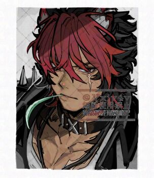 Rule 34 | 1boy, black choker, black hair, black jacket, choker, jacket, jewelry, komano manato, leaf in mouth, male focus, multicolored hair, muscular, muscular male, necklace, pectorals, red eyes, red hair, scar, scar on chest, scar on face, shirt, vxiv4v, watermark, white shirt, zenless zone zero