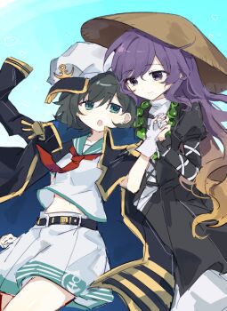 2girls ajirogasa anchor_symbol bead_necklace beads belt black_belt black_coat black_dress black_hair blonde_hair coat coat_on_shoulders collared_shirt commentary cowboy_shot dress gloves gold_trim gradient_background gradient_hair green_eyes hat highres hijiri_byakuren interlocked_fingers jewelry layered_dress light_smile long_hair long_sleeves looking_at_another midriff_peek multicolored_hair multiple_girls murasa_minamitsu neckerchief necklace open_mouth purple_eyes red_neckerchief sailor_hat shirt short_hair shorts simple_background touhou very_long_hair white_gloves white_hat white_shirt white_shorts wusem0108