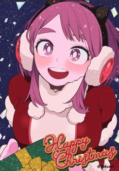 1girl blush boku_no_hero_academia box breasts brown_hair christmas christmas_present coat commentary confetti earmuffs fur-trimmed_coat fur_trim gift gift_box highres medium_breasts medium_hair open_mouth red_coat saburou_(326xxx1) scarf smile solo sparkle symbol-only_commentary teeth thick_eyebrows twitter_username upper_teeth_only uraraka_ochako white_scarf