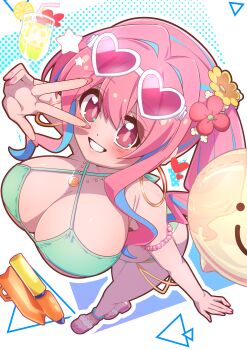 1girl absurdres anklet bare_arms bare_legs bare_shoulders bead_armlet bikini blue_hair blush breasts cleavage cocktail_glass commentary criss-cross_halter cup drinking_glass erde_0 eyes_visible_through_hair eyewear_on_head fingernails flower from_above full_body green_bikini grin hair_between_eyes hair_flower hair_intakes hair_ornament halterneck heart heart-shaped_eyewear highres hozuki_kaede huge_breasts jewelry leaning_forward long_fingernails long_hair looking_at_viewer multicolored_hair nail_polish necklace onii-chan_wa_oshimai! outline pink-tinted_eyewear pink_eyes pink_hair pink_nails sandals side_ponytail smile solo sunglasses swimsuit tinted_eyewear toenails two-tone_hair w w_over_eye water_gun white-framed_eyewear white_outline