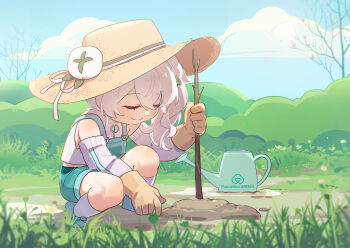 Rule 34 | 1girl, ahoge, alternate costume, blue sky, brown gloves, closed eyes, closed mouth, cloud, commentary request, day, gloves, grass, green eyes, hat, highres, holding, long hair, long sleeves, multicolored hair, outdoors, overalls, quanmian shidai, shirt, shorts, side ponytail, sky, smile, socks, solo, squatting, straw hat, tree, watering can, wen xiaomian, wenxiaomian family, white hair, white shirt, white socks