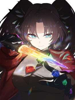 1girl absurdres black_hair black_thighhighs blue_eyes breasts commentary_request earrings fate/stay_night fate/unlimited_blade_works fate_(series) highres honkai:_star_rail honkai_(series) jacket jewelry long_hair oro_(lsg0624) pendant red_jacket rin's_pendant_(fate) solo thighhighs tohsaka_rin tohsaka_rin_(honkai:_star_rail) twintails upper_body zelretch_sword