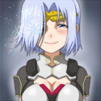 1girl armor arque_avenir black_bodysuit blue_eyes blue_hair blush bodysuit breasts cleavage cleavage_cutout clothing_cutout grey_armor grey_background hair_over_one_eye headpiece highres large_breasts light_particles looking_at_viewer short_hair short_sleeves smile standing t_jiroo_(ringofriend) upper_body zegapain