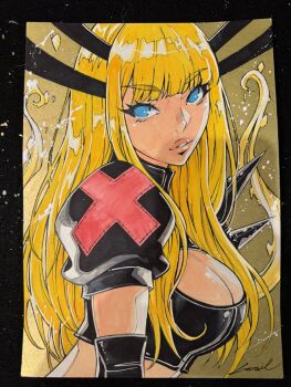 1girl armor black_shirt blonde_hair blue_eyes blunt_bangs breasts cleavage cleavage_cutout clothing_cutout cropped_shirt elbow_pads godtail hashtag-only_commentary highres long_hair looking_at_viewer looking_to_the_side magik_(x-men) marvel medium_breasts parted_lips pauldrons shirt shoulder_armor signature single_pauldron solo spiked_pauldrons spikes traditional_media upper_body x-men yellow_background