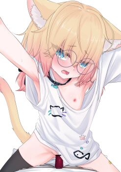 absurdres animal_collar animal_ear_fluff animal_ears armpits bandaid bandaid_on_knee bandaid_on_leg bar_censor bell black_collar blonde_hair blue_eyes blush bottomless breasts cat_ears cat_girl cat_tail censored collar dildo fish_ornament glasses highres indie_virtual_youtuber long_shirt looking_at_viewer low_twintails minikomew no_pants object_insertion oversized_clothes oversized_shirt pussy ritspi sex_toy shirt simple_background small_breasts tail twintails virtual_youtuber white_background