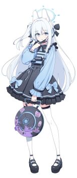 Rule 34 | 1girl, alternate costume, animal ear headphones, animal ears, aqua bow, aqua ribbon, aqua shirt, black ankleband, black bow, black bowtie, black mask, black shoes, blue archive, blue halo, bow, bowtie, bulletproof vest, commentary request, fake animal ears, frilled shirt, frilled sleeves, frills, full body, hair bow, halo, hand on mask, hand up, headphones, high-waist skirt, highres, holding, holding weapon, jirai kei, korean commentary, long hair, long sleeves, looking at viewer, mask, mask pull, miyako (blue archive), mouth mask, one side up, parted lips, purple eyes, rabbit ear headphones, rabbit ears, ribbon, shirt, shoes, simple background, skirt, solo, standing, surps, thighhighs, weapon, white background, white hair, white thighhighs