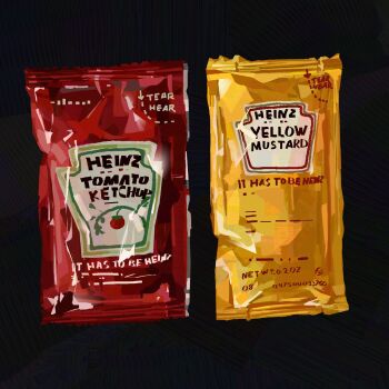 commentary condiment_packet english_commentary english_text heinz highres junbuug ketchup mustard no_humans object_focus original painterly still_life