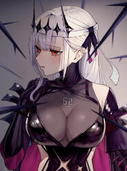 Rule 34 | 1girl, black dress, black gloves, black ribbon, breasts, cleavage, collarbone, detached sleeves, diadem, dress, gloves, goddess of victory: nikke, grey hair, hair ribbon, kuminikke, large breasts, light blush, long hair, looking to the side, marian (nikke), modernia (nikke), modernia (second affection) (nikke), parted lips, red eyes, ribbon, see-through, see-through cleavage, solo