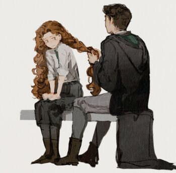 1boy 1girl black_robe black_skirt black_thighhighs blue_eyes blush boots braid braided_ponytail braiding_another&#039;s_hair braiding_hair brown_boots brown_hair collared_shirt full_body green_necktie grey_pants gynger_edventray_(hiiragimare) hairdressing hands_on_own_thighs highres hiiragimare hogwarts_legacy hogwarts_school_uniform holding_another&#039;s_hair hooded_robe long_hair looking_at_another necktie oc_x_canon original pants red_hair robe school_uniform sebastian_sallow shirt short_hair simple_background sitting sketch skirt slytherin thighhighs white_background white_shirt wizarding_world