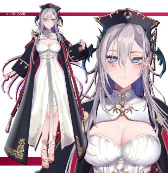 1girl 3d absurdres anklet bandage_on_thigh black_coat blue_eyes breasts cleavage cleavage_cutout clothing_cutout coat commentary_request corset dalachi_(headdress) double-parted_bangs dress full_body gem gold_trim grey_hair hair_between_eyes head_wings highres horizontal_pupils indie_virtual_youtuber jewelry large_breasts long_hair looking_at_viewer mole mole_under_eye multicolored_hair nail_polish pochimaru_(vtuber) pochimaru_(4th_costume)_(vtuber) red_nails ring single_wrist_guard straight-on strap tassel teardrop_facial_mark toenail_polish toenails ukmey very_long_hair virtual_youtuber white_corset white_dress wings