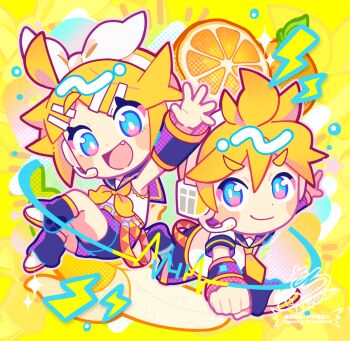 1boy 1girl blonde_hair blue_eyes brother_and_sister chibi chibi_only closed_mouth commentary_request detached_sleeves food fruit headset kagamine_len kagamine_rin leg_warmers looking_at_viewer neckerchief necktie open_mouth orange_(fruit) orange_slice sailor_collar sailor_shirt shirt shorts siblings sleeveless sleeveless_shirt smile sowao. vocaloid white_shirt yellow_neckerchief yellow_necktie
