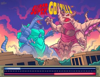 advance_communication_company bagan character_name claws colored_sclera copyright_name crest destruction dinosaur dust english_text game_hud gameplay_mechanics giant giant_monster godzilla godzilla_(series) heads-up_display highres horns kaiju monster muscular muscular_arms muscular_legs muscular_other national_diet_building no_humans no_pupils open_mouth orange_sclera pectorals real_world_location red_eyes sharp_teeth shoulder_spikes smoke spikes super_godzilla super_godzilla_(character) tail teeth thighs thomdotartz toho tokyo_(city) tongue tusks user_interface