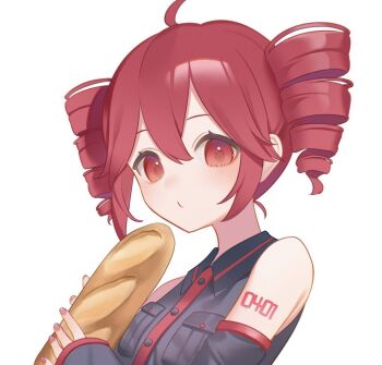 1girl ahoge black_shirt bread breast_pocket collar colored_eyebrows commentary detached_sleeves drill_hair food holding holding_food kasane_teto kasane_teto_(utau) long_sleeves looking_at_viewer nail_polish necktie number_tattoo pocket red_eyes red_hair red_nails red_necktie shirt short_hair sidelocks sleeveless sleeveless_shirt sleeves_past_wrists solo suiri_(suiri_02) tattoo twin_drills upper_body utau white_background