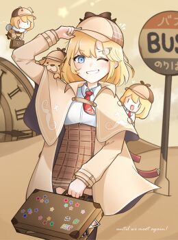 1girl ;d absurdres analog_clock antennae asymmetrical_bangs baby_animal bee_wings blank_eyes blonde_hair blue_eyes brown_coat brown_hat brown_sleeves brown_theme brown_thighhighs bubba_(watson_amelia) bus_stop cloak clock coat collared_shirt commentary deerstalker desert detective dog dot_nose english_text flying grin hand_up hat high-waist_skirt highres hololive hololive_english insect_wings legs_together long_sleeves mole mole_under_eye monocle moon_ldl mustache_print necktie one_eye_closed open_mouth pleated_skirt puppy red_necktie roman_numeral sand shadow shirt shooting_star skirt smile smol_ame solo standing star_(symbol) striped_clothes suitcase teeth thighhighs virtual_youtuber watson_amelia watson_amelia_(1st_costume) white_shirt wide_sleeves wings