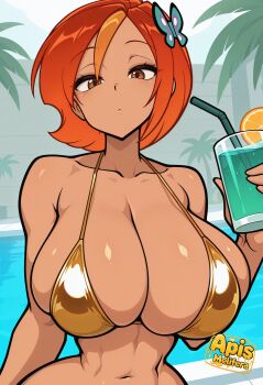1girl absurdres apis_mellifera artist_name bikini breasts brown_eyes butterfly_(planetronika) butterfly_hair_ornament closed_mouth cup drink drinking_glass drinking_straw gold_bikini hair_ornament highres holding holding_cup huge_breasts logo looking_at_viewer multicolored_hair navel orange_hair planetronika short_hair solo swimsuit watermark