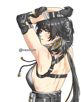 1girl absurdres arms_up back bandaged_arm bandages bare_shoulders black_bow black_gloves black_hair bow breasts colored_inner_hair commentary earrings elbow_pads female_rover_(wuthering_waves) gloves hair_bow hair_ornament hairclip highres jewelry long_hair looking_at_viewer looking_to_the_side low_ponytail medium_breasts multicolored_hair parallel_hairclips parted_lips partially_fingerless_gloves ponytail rezilism rover_(wuthering_waves) solo triangle_earrings twitter_username upper_body white_hair wuthering_waves yellow_eyes