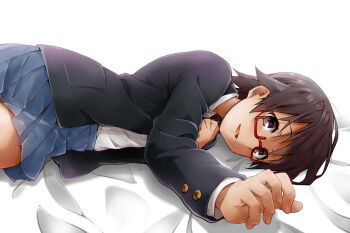 1girl blazer blue_skirt blush brown_eyes brown_hair buttons collared_shirt commentary_request dress_shirt hand_on_own_chest highres jacket k-on! kagiana looking_at_viewer lying manabe_nodoka on_side outstretched_hand red-framed_eyewear sakuragaoka_high_school_uniform school_uniform semi-rimless_eyewear shirt skirt smile solo under-rim_eyewear white_background white_shirt