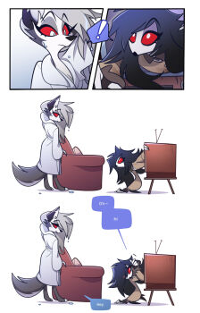 2girls animal_ears bathrobe black_hair breasts brown_jacket cleavage colored_sclera couch furry furry_female grey_hair h_oo27 hellaverse helluva_boss highres jacket long_hair long_sleeves loona_(helluva_boss) medium_breasts multiple_girls octavia_(helluva_boss) owl_girl red_sclera standing tail white_eyes wolf_ears wolf_girl wolf_tail yuri