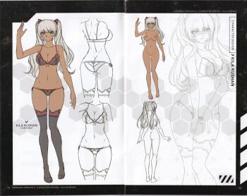 10s 1girl absurdres ass back barefoot black_bra black_panties black_thighhighs blonde_hair bra breasts butt_crack cameltoe character_name cleavage completely_nude concept_art covering_crotch covering_privates curvy dark_skin embarrassed english_text female_focus full_body gluteal_fold highres huge_ass japanese_text kagami_hirotaka kangoku_senkan kangoku_senkan_3 kila_kushan large_breasts legs lilith-soft long_hair looking_at_viewer miniskirt monochrome multiple_views nude official_art panties pink_eyes reference_sheet scan side-tie_panties simple_background skindentation skirt smile standing thighhighs thong translation_request tsundere twintails underwear underwear_only white_background zoom_layer
