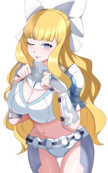 armor blonde_hair blue_eyes blush breasts charlotte_(fire_emblem) cleavage fire_emblem fire_emblem_fates gluteal_fold hair_ribbon highres large_breasts long_hair navel nintendo ondur7538315 one_eye_closed pauldrons pushing_breasts_together ribbon short_bangs short_shorts shorts shoulder_armor simple_background tongue tongue_out wavy_hair white_background white_ribbon wink