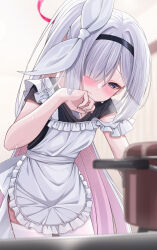Rule 34 | 1girl, apron, black shirt, blue archive, blush, closed mouth, colored inner hair, frilled apron, frills, fukemachi, grey eyes, grey hair, hair over one eye, halo, highres, indoors, long hair, multicolored hair, pink hair, plana (blue archive), red halo, shirt, short sleeves, solo, sweat, thighhighs, white apron, white thighhighs