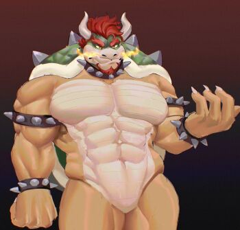 Rule 34 | 1boy, abs, armlet, bara, bare pectorals, biceps, bowser, bracelet, claws, closed mouth, collar, commentary, english commentary, furry, furry male, horns, jewelry, leonsdoodles, looking at viewer, male focus, mario (series), muscular, muscular male, nintendo, pectorals, red hair, spiked armlet, spiked bracelet, spiked collar, spiked shell, spikes