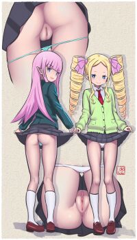 2girls absurdres anus ass beatrice_(re:zero) black_skirt blonde_hair blue_eyes blue_jacket blue_panties blunt_bangs border cardigan cleft_of_venus closed_mouth clothes_lift collared_shirt drill_hair elementary_(lolipope) forehead green_cardigan hair_ribbon highres jacket kneehighs kneepits lifting_own_clothes long_hair looking_at_viewer looking_back miniskirt multiple_girls multiple_views necktie open_mouth panties panty_pull pink_hair pink_ribbon pleated_skirt pointy_ears pussy re:zero_kara_hajimeru_isekai_seikatsu red_necktie red_shoes ribbon ryuzu_meyer school_uniform shirt shoes sidelocks skirt skirt_lift smile socks standing thong transparent_border twin_drills uncensored underwear white_panties white_shirt white_socks