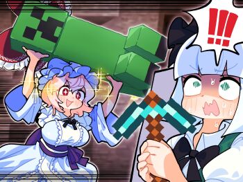+_+ 1other 2girls aqua_dress back_bow black_bow black_ribbon blush bow breasts carrying carrying_person cave center_frills cosplay creeper dress frilled_bow frilled_dress frills gram_9 green_eyes hair_ribbon hakurei_reimu hakurei_reimu_(cosplay) hat highres holding holding_pickaxe konpaku_youmu large_breasts long_sleeves minecraft minecraft_pickaxe mob_cap motion_lines multiple_girls open_mouth pickaxe puffy_short_sleeves puffy_sleeves purple_bow purple_hair purple_ribbon red_bow red_eyes ribbon saigyouji_yuyuko scared short_sleeves smile sparkle sweat touhou upper_body waist_ribbon wavy_mouth white_hair wide_sleeves