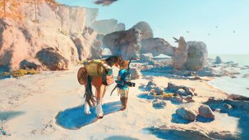 1boy animal arrow_(projectile) beach bird blonde_hair blue_shirt boots bow_(weapon) champion's_tunic_(zelda) commentary day from_behind horse link nin0019 nintendo ocean outdoors pants quiver rock sack shadow shirt solo symbol-only_commentary the_legend_of_zelda the_legend_of_zelda:_breath_of_the_wild weapon