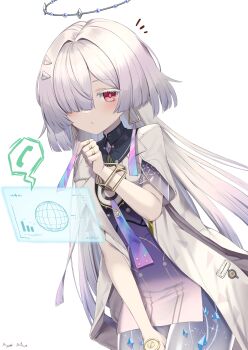 1girl absurdres artist_name ayumi_aotr_a colored_eyelashes commentary cowboy_shot dress earrings grey_hair hair_intakes hair_ornament hair_over_one_eye halo hand_up highres holographic_interface jacket jewelry leaning_forward light_blush long_hair looking_at_viewer mornye_(wuthering_waves) notice_lines parted_lips purple_dress red_eyes see-through_body simple_background solo triangle_earrings white_background white_jacket wuthering_waves