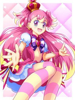 1girl :d \m/ arched_crown argyle_background blonde_hair blush border bow bow_earrings brooch capelet chest_bow commentary crown cure_wonderful curled_fingers dot_nose dress dress_bow earrings feet_out_of_frame frilled_wrist_cuffs frills heart heart_brooch highres inukai_komugi jewelry knees_together_feet_apart long_hair looking_at_viewer magical_girl mimimix multicolored_bow multicolored_hair multicolored_pantyhose open_hand open_mouth outside_border outstretched_hand pact_holder pantyhose petticoat pink_background pink_bow pink_capelet pink_crown pink_dress pink_hair pink_pantyhose pink_theme pink_wrist_cuffs pouch precure puffy_short_sleeves puffy_sleeves purple_eyes reaching reaching_towards_viewer short_dress short_sleeves smile solo spread_fingers squatting star_(symbol) streaked_hair striped_bow striped_clothes striped_pantyhose tilted_headwear two-tone_hair two_side_up very_long_hair white_border wonderful_pact wonderful_precure! wrist_cuffs yellow_pantyhose