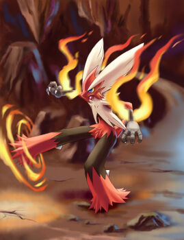 blaziken blue_eyes claws colored_sclera commentary_request fire full_body gen_3_pokemon highres hooh_lin kicking mega_blaziken mega_pokemon nintendo open_mouth pokemon pokemon_(creature) pokemon_focus solo yellow_sclera