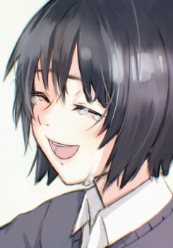 1girl absurdres amagami black_hair black_sailor_collar blue_background collared_shirt commentary crying gradient_background happy_tears highres kibito_high_school_uniform nanasaki_ai open_mouth oshizu portrait sailor_collar school_uniform shirt short_hair smile solo summer_uniform tears white_shirt