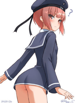 1girl ? ass back blue_eyes blush brown_eyes brown_hair clothes_writing dated dress hat kantai_collection long_sleeves looking_at_viewer looking_back no_panties one-hour_drawing_challenge peaked_cap ray.s sailor_collar sailor_dress sailor_hat short_dress short_hair solo twitter_username z3_max_schultz_(kancolle)
