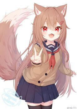1girl animal_ears black_thighhighs brown_hair cardigan commentary fangs hair_ornament hairclip highres long_hair neckerchief original pleated_skirt rade_(rade_552) red_eyes red_neckerchief sailor_collar school_uniform serafuku skirt smile solo symbol-only_commentary tail thighhighs v white_background wolf_ears wolf_girl wolf_tail