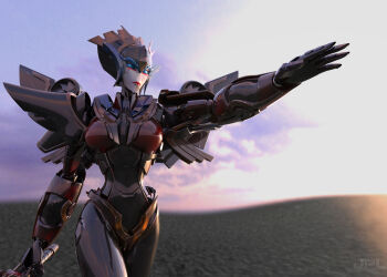 1girl 3d airplane_wing autobot blender_(medium) blue_eyes breasts highres humanoid_robot kevin_lumoindong mecha mecha_musume mechanical_wings medium_breasts metal_skin red_lips robot robot_girl solo sunset transformers transformers_prime windblade wings