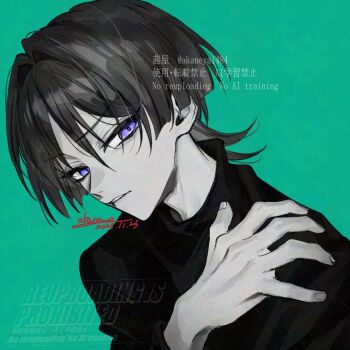 1boy artist_name blunt_ends bright_pupils commentary_request dated fingernails genshin_impact green_background greyscale_with_colored_background hair_intakes hand_on_own_shoulder head_tilt looking_at_viewer male_focus ojo_aa open_hand parted_lips portrait purple_eyes scaramouche_(genshin_impact) shirt signature solo spot_color tsurime watermark white_mouth white_pupils wispy_bangs