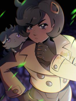 1girl black_hair dark-skinned_female dark_skin emma_(pokemon) espurr gen_6_pokemon gloves hand_on_own_hip jacket looking_at_viewer nintendo pigdemonart pokemon pokemon_legends:_z-a purple_eyes short_hair