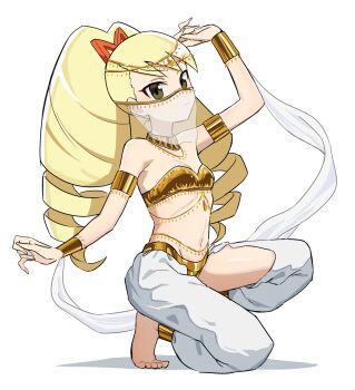 1girl anklet arabian_clothes arm_up armlet baggy_pants bare_shoulders barefoot bikini bracelet breasts commentary_request drill_hair expressionless gold gold_anklet gold_armlet gold_bikini gold_bracelet gold_collar groin hair_ornament hair_ribbon harem_outfit harem_pants head_chain highres jewelry luna_platz_(mega_man) mega_man_(series) mega_man_star_force_(series) midriff mouth_veil necklace ogi_non on_one_knee pants red_ribbon ribbon small_breasts solo swimsuit tsurime twin_drills veil white_background white_veil yellow_eyes